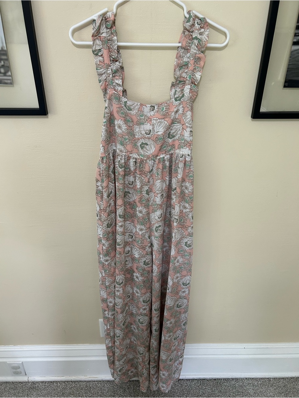 Long Floral Pink Jumpsuit with Ruffles